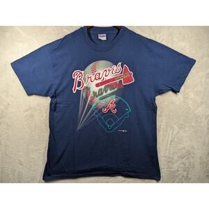 Vtg Single Stitch Atlanta Braves Atlanta–Fulton County Stadium XL Navy Shirt